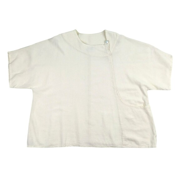 Oh My Gauze! Blouse Top Cream One Size Full Figure Patch Pocket Pearl Button - Picture 12 of 16